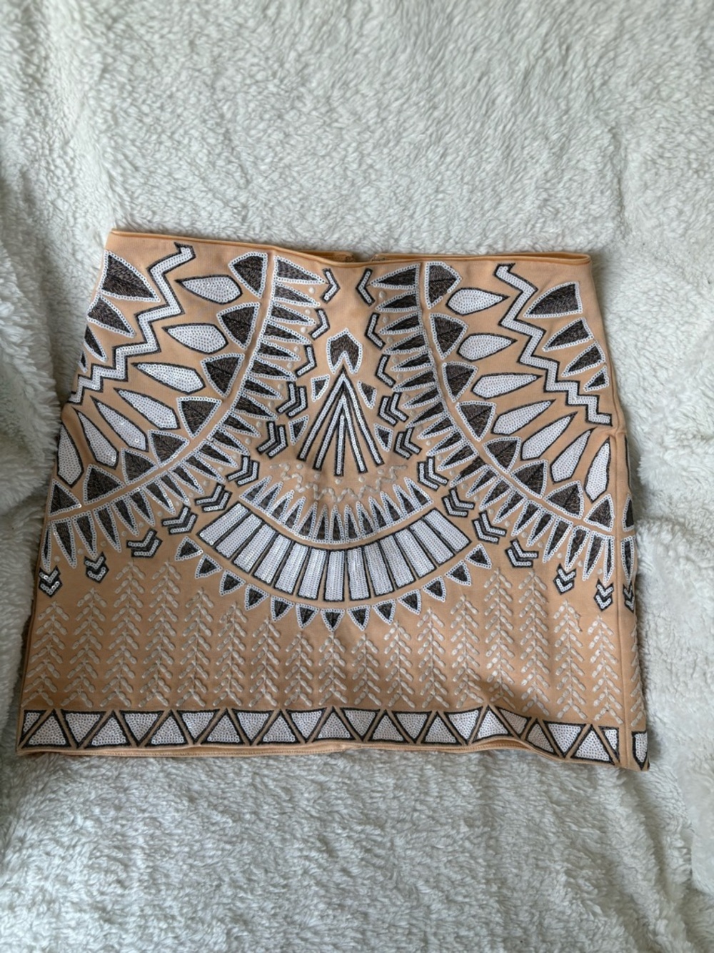 bebe Tan Mini Skirt with Black & White Beaded Design